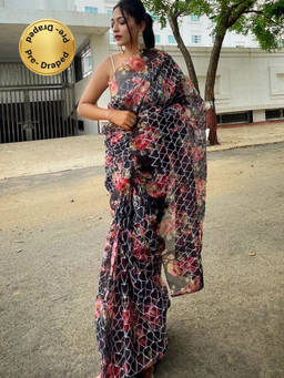 EXCLUSIVA - Black Print Embroidered Saree with Unstitched Blouse