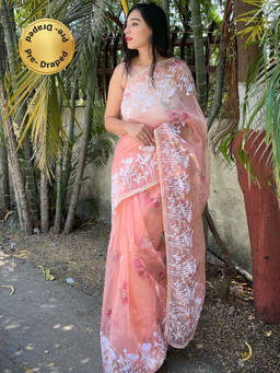 EXCLUSIVA - Peach Embroidered Saree with Unstitched Blouse