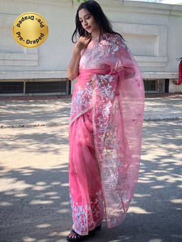 EXCLUSIVA - Pink Embroidered Saree with Unstitched Blouse