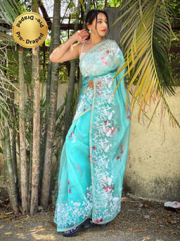 EXCLUSIVA - Teal Embroidered Saree with Unstitched Blouse