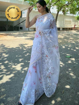 EXCLUSIVA - White Embroidered Saree with Unstitched Blouse
