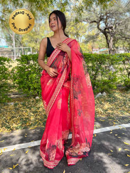 EXCLUSIVA - Red Printed Lace Border Saree with Unstitched Blouse