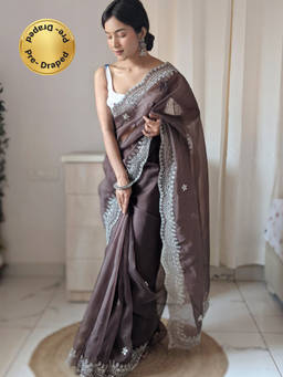 EXCLUSIVA - Brown Hand Cut Work Saree with Unstitched Blouse