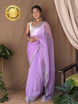 EXCLUSIVA - Lavender Hand Cut Work Saree with Unstitched Blouse