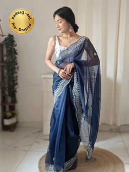 EXCLUSIVA - Navy Blue Hand Cut Work Saree with Unstitched Blouse