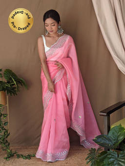 EXCLUSIVA - Pink Hand Cut Work Saree with Unstitched Blouse