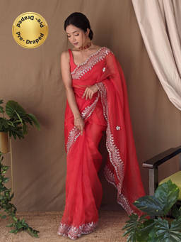 EXCLUSIVA - Red Hand Cut Work Saree with Unstitched Blouse