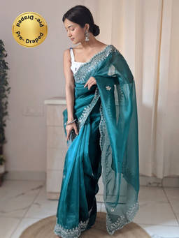 EXCLUSIVA - Blue Hand Cut Work Saree with Unstitched Blouse