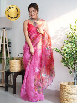 EXCLUSIVA - Pink Gota Embroidered Work Saree with Unstitched Blouse