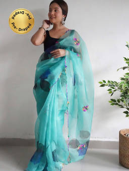 EXCLUSIVA - Blue Gota Embroidered Work Saree with Unstitched Blouse