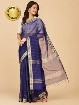 Fabindia - Blue Cotton Silk Maheshwari Stitched Saree without Blouse