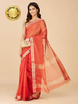 Fabindia - Red Cotton Silk Maheshwari Stitched Saree without Blouse