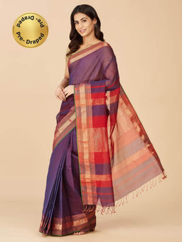Fabindia - Purple Cotton Silk Maheshwari Stitched Saree without Blouse