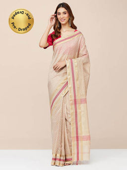 Fabindia - Beige Cotton Silk Blend Hand Block Printed Stitched Saree without Blouse
