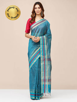 Fabindia - Teal Cotton Silk Blend Hand Block Printed Stitched Saree without Blouse
