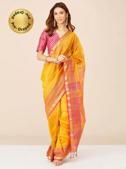 Fabindia - Yellow Cotton Silk Maheshwari Stitched Saree