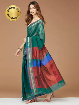 Fabindia - Teal Cotton Silk Woven Stitched Saree