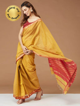 Fabindia - Mustard Cotton Silk Woven Stitched Saree