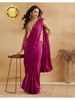 Fabindia - Wine Viscose Blend Embroidered Stitched Saree with Unstitched Blouse