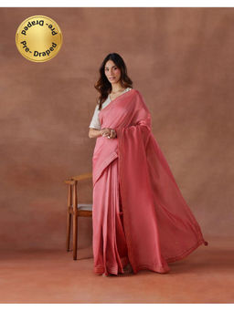 Fabindia - Coral Cotton Silk Embroidered Stitched Saree with Unstitched Blouse