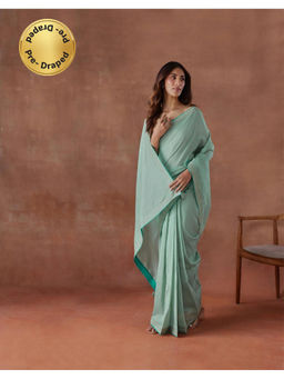 Fabindia - Green Cotton Silk Embroidered Stitched Saree with Unstitched Blouse