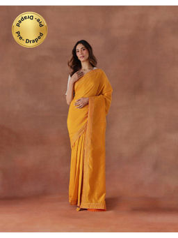 Fabindia - Yellow Cotton Silk Embroidered Stitched Saree with Unstitched Blouse