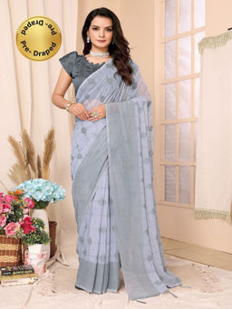 FABMORA - Women Grey Georgette Embellished Pre-Drape Saree with Unstitched Blouse