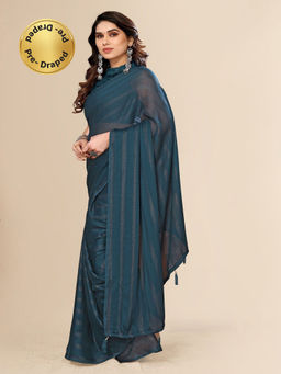 FABMORA - Women Blue Chiffon Stripes Printed Pre-Drape Saree with Unstitched Blouse