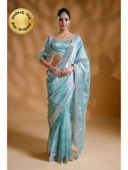 HANDME - Ready To Wear Elegant Aqua Light Embroidered Saree with Unstitched Blouse