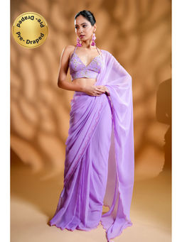 HANDME - Ready To Wear Lavender Georgette Saree with Embroidered Unstitched Blouse