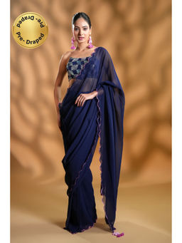 HANDME - Ready To Wear Navy Blue Premium Saree with Embroidered Unstitched Blouse