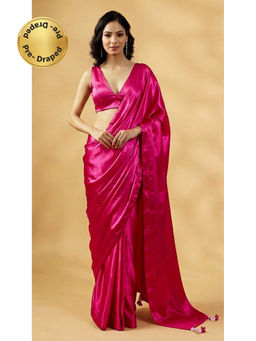 HANDME - Ready To Wear Pink Gulabi Satin Glow Saree with Handcrafted Tassels with Unstitched Blouse