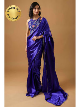 HANDME - Ready To Wear Striking Blue Gold Embellished Satin Saree with Unstitched Blouse