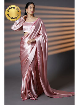 HANDME - Ready To Wear Pink Regal Beauty Lace Embellished Premium Satin Saree with Unstitched Blouse