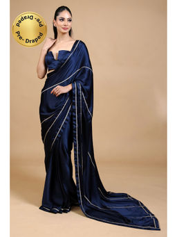 HANDME - Ready To Wear Navy Blue Royal Emerald Gold Embellished Satin Saree with Unstitched Blouse