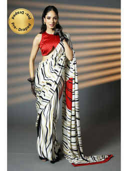HANDME - Ready To Wear Black and Scarlet Bloom Satin Saree with Unstitched Blouse