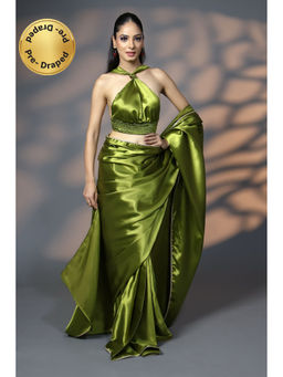 HANDME - Ready To Wear Green Gold Luxe Satin Saree with Golden Embellishments & Unstitched Blouse