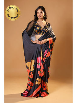 HANDME - Multi-Color Pre-Draped Silken Bloom Floral Printed Premium Satin Saree with Unstitched Blouse
