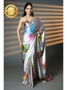 HANDME - Ready To Wear Silver Dreamy Digital Print Satin Saree with Unstitched Blouse