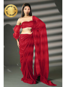 HANDME - Ready To Wear Red Sequin Red Saree With Unstitched Blouse