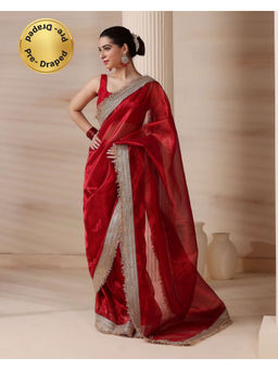 HANDME - Ready To Wear Red Tissue Embellished/Sequined Saree with Unstitched Blouse