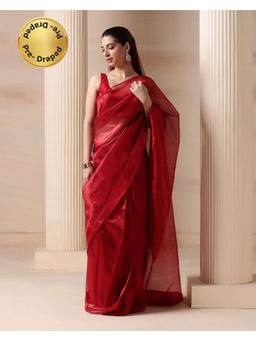 HANDME - Ready To Wear Red Tissue Solid/Plain Saree with Unstitched Blouse