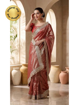 HANDME - Ready To Wear Peach Tissue Embroidered Saree with Unstitched Blouse