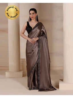 HANDME - Ready To Wear Pearl Smoke Premium Satin Embroidered Aura Saree with Blouse Fabric