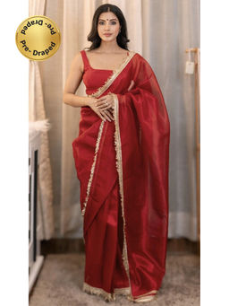HANDME - Ready To Wear Red Tissue Silk Hand-Embroidered Saree with Unstitched Blouse