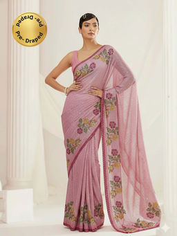 HANDME - Ready To Wear Pink Rose Embellished Sequins Saree with Unstitched Blouse