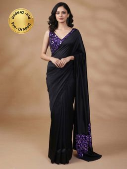 HANDME - Ready To Wear Women Black Satin Embellished Saree with Unstitched Blouse