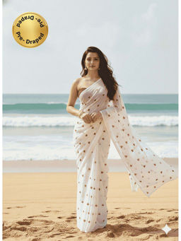 HANDME - Ready to Wear White Dreamy Love Heart Georgette Saree with Unstitched Blouse