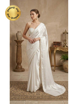 HANDME - White Ready To Wear Pearl Radiance Satin Silk Saree with Unstitched Blouse