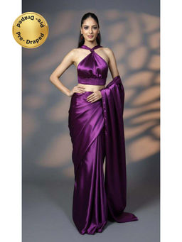 HANDME - Purple Ready To Wear Imperial Plum Satin Silk Saree with Unstitched Blouse
